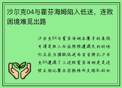 沙尔克04与霍芬海姆陷入低迷，连败困境难觅出路