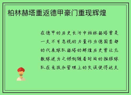 柏林赫塔重返德甲豪门重现辉煌