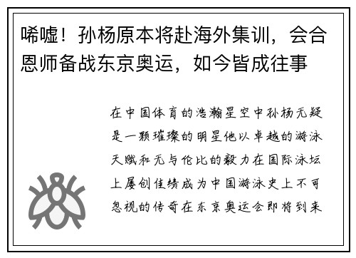 唏嘘！孙杨原本将赴海外集训，会合恩师备战东京奥运，如今皆成往事